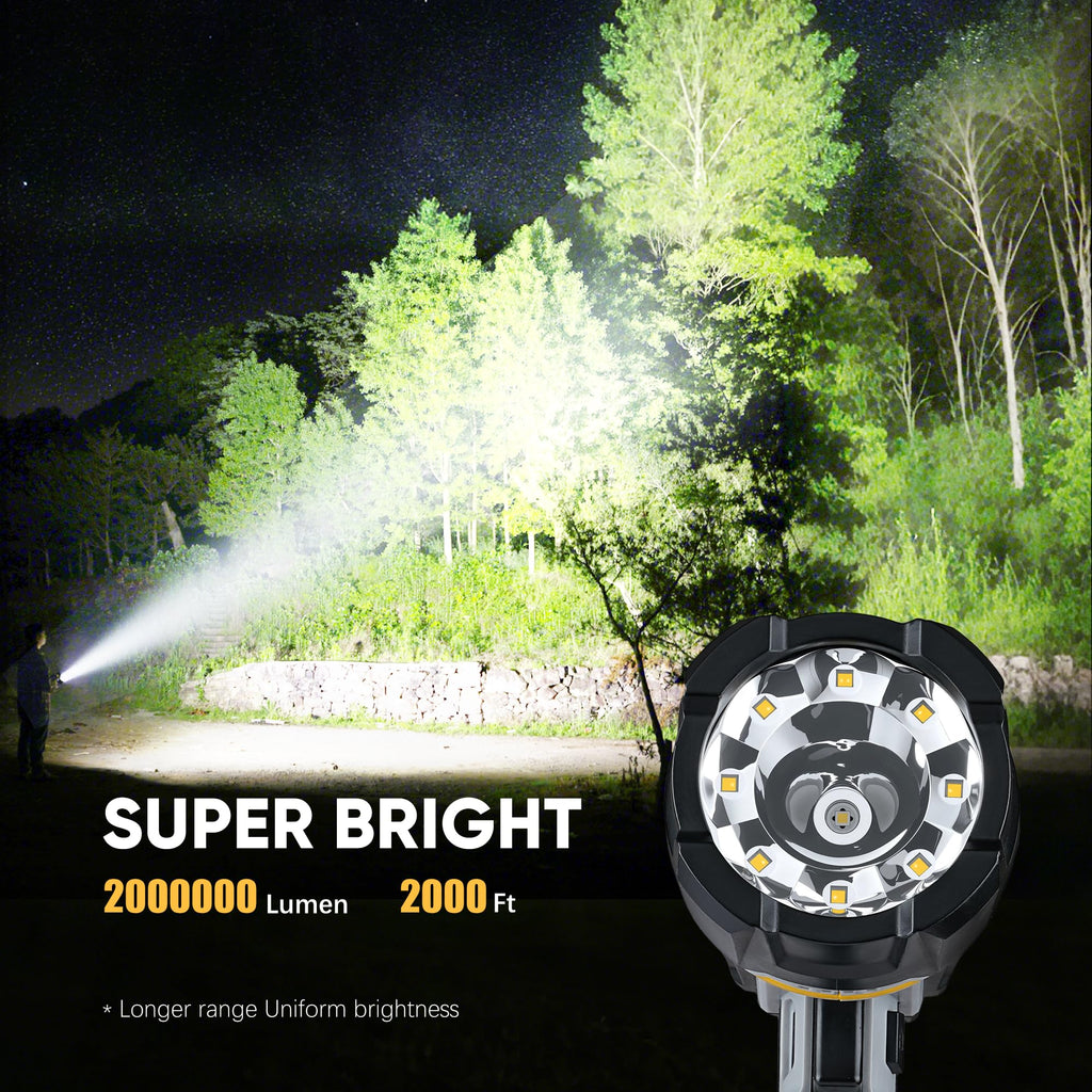 MOONASION Rechargeable Spotlight 2000000 Lumen, Super Bright 9 LED Spotlight Flashlight with COB Light & Foldable Stand, Long Lasting Large Handheld Spot Light for Boating Camping Boat Marine