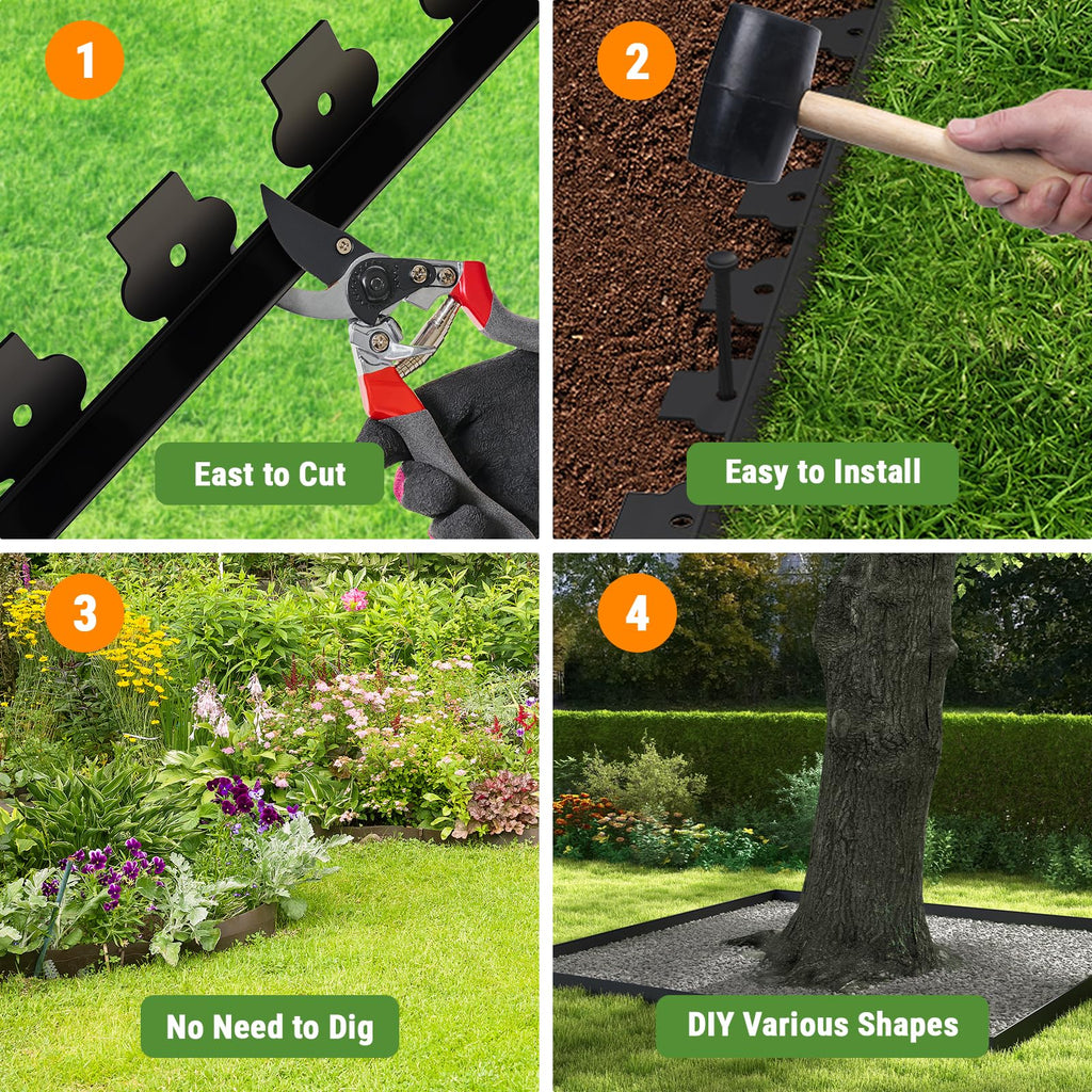 Mars Villa Landscape Edging, 4‘’ Tall 100FT Garden Border Edging Kit with 99 Anchoring Spikes, Decorative Flexible Lawn Edging Cover 75㎡ for Lawn, Yard, Flower Bed (Black, 4IN, 100FT)