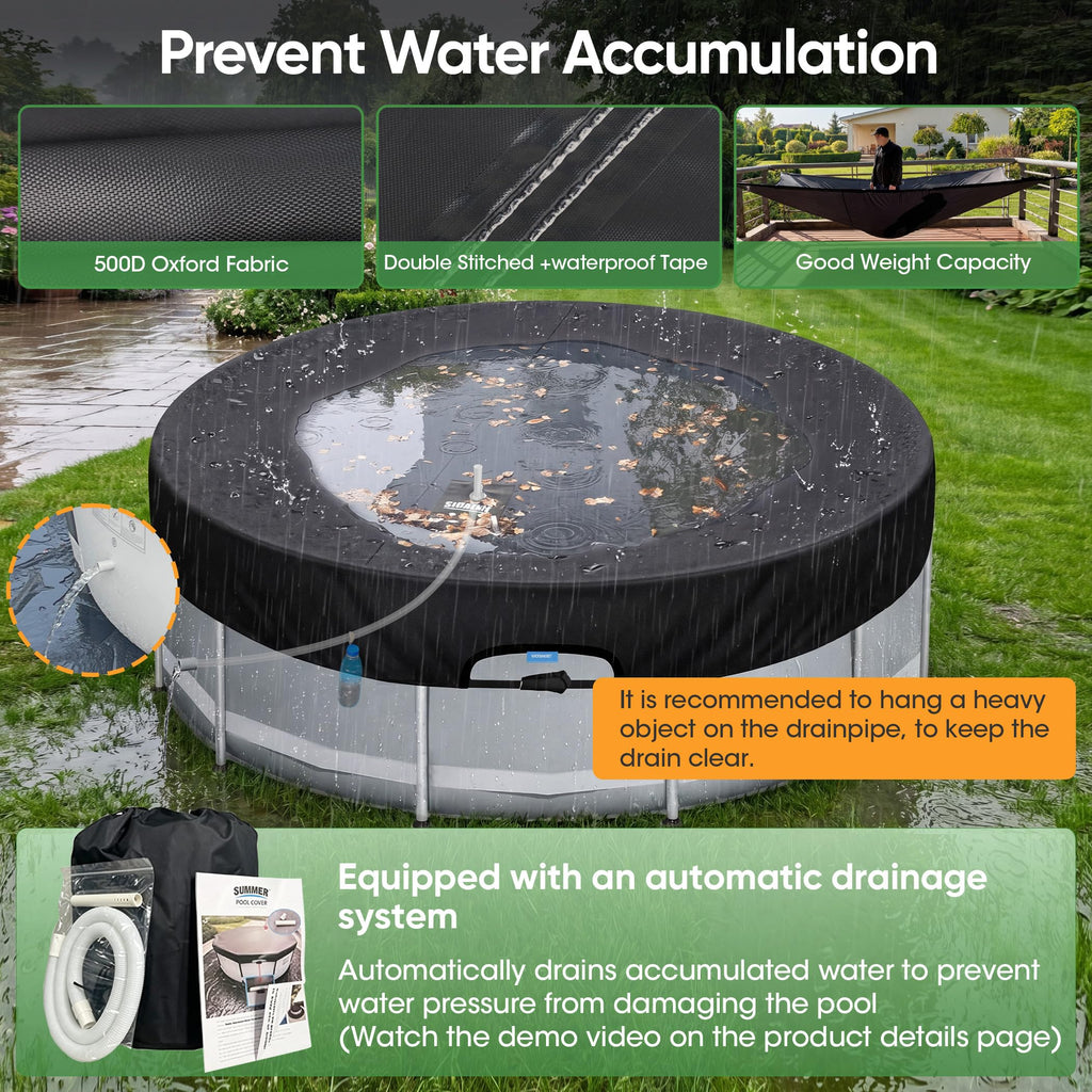SIHAIAN 8 Ft Round Pool Cover, with Automatic Drain Stock Tank Pool Cover, Patented One-Piece Tensioning System Above Ground Pool Cover, Preventing Waterlogging, Yarn-Dyed Oxford Fabric Solar Cover