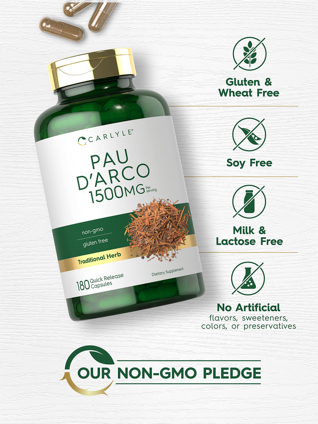 Carlyle PAU D'Arco Capsules | 1500mg | 180 Count | Non-GMO, Gluten Free | Herbal Supplement