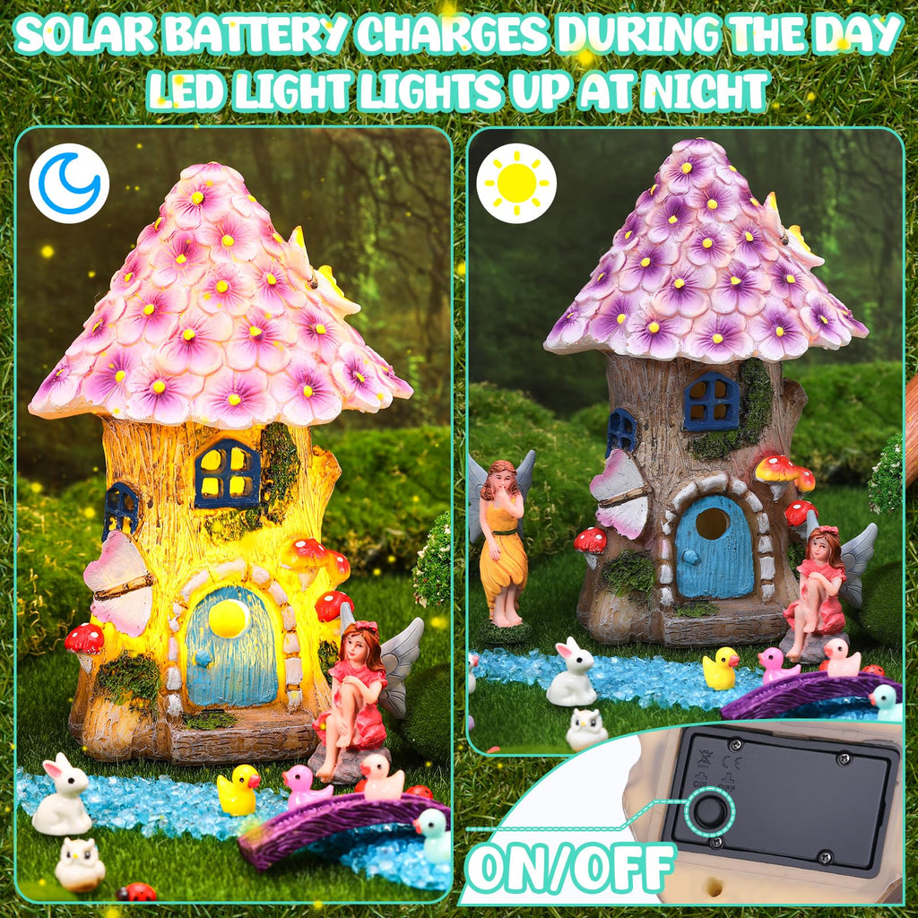 GGSTDDUP 70 Pcs Fairy Garden House Resin Kit Glowing Tree House Miniature Garden Fairy Animals Garden Accessories Decor Outdoor Mini Landscape Ornaments