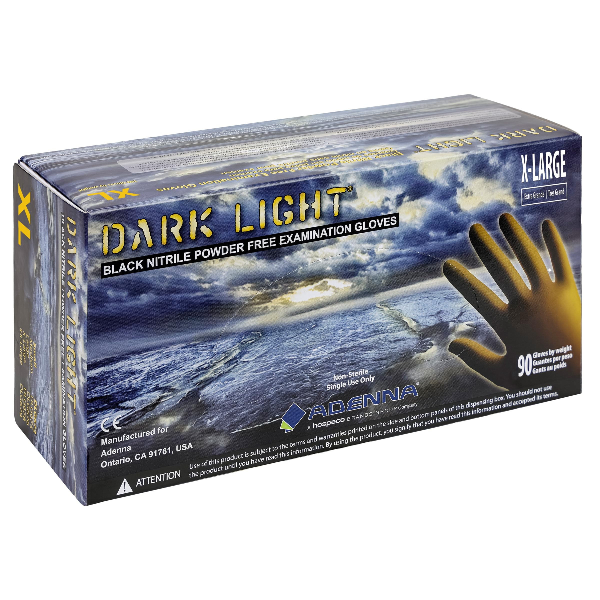Adenna DLG678 Dark Light 9 mil Nitrile Powder Free Exam Gloves (Black, X-Large) Box of 90