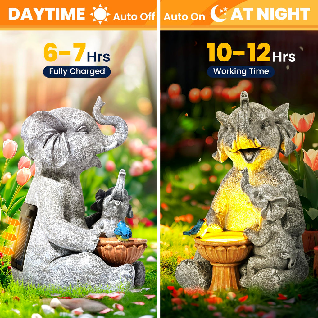 GIGALUMI Solar Garden Statues Bird Bath Elephant 9", Loving Elephant Decor, Yard Decorations Outdoor, Elephant Figurine Lights for Outside, Garden Decor Unique Housewarming Gifts for Women, Mom