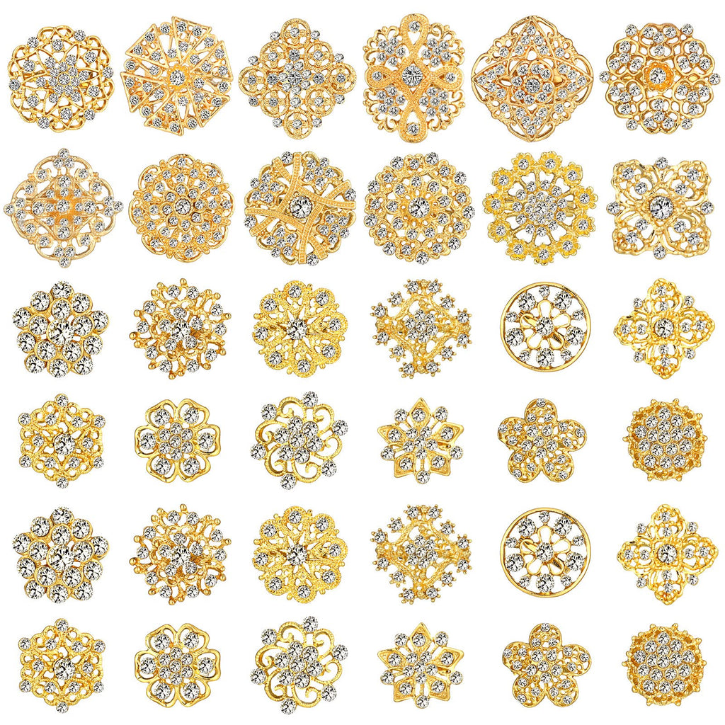 36 Pieces Clear Rhinestone Brooches for Crafts Crystal Flower Brooch Pins with Rhinestones silver Bulk Brooches Jewelry for Woman Flower Lapel Badge Pins DIY Wedding Bouquet Broaches Kit (Gold)
