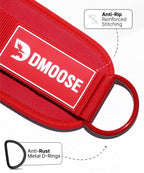 DMoose Fitness Ankle Straps for Cable Machines - One Size Fit Premium Padding, Glute Kickback Ankle Strap for Women & Men, Cable Attachments for Gym, Booty Workouts & Hip Abductors (All Red - Pair)