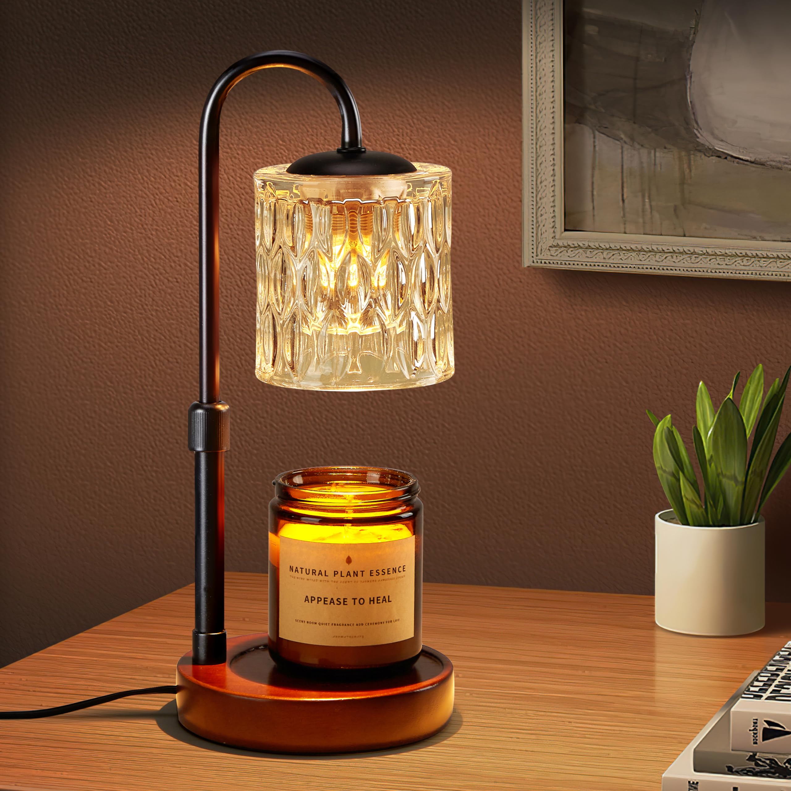 Briever Dimmable Candle Warmer Lamp with Timer, Height Adjustable Electric Candle Wax Warmer, Christmas Birthday Gifts for Women Mom, House Warming Gifts New Home Room Decor, Walnut Solid Wood Base