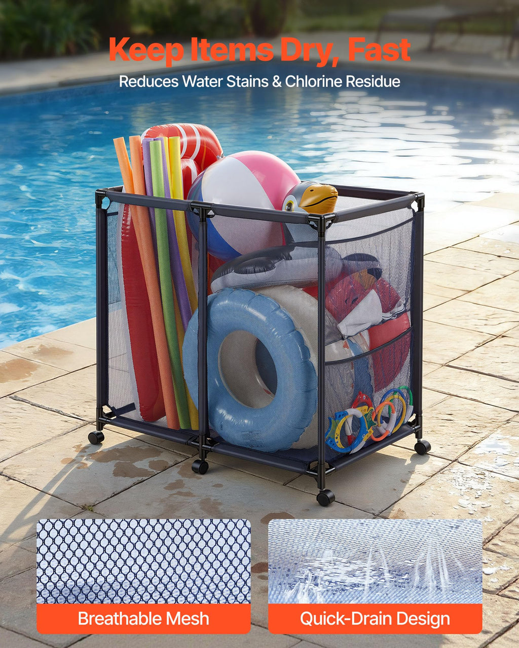VEVOR Pool Storage Bin, 36.8 x 24 x 35.6 in, Rolling Pool Float Storage Organizer with Side Pockets & Casters, Heavy Duty Metal Frame, Poolside Toys Noodles Holder Mesh Basket for Swimming Pools