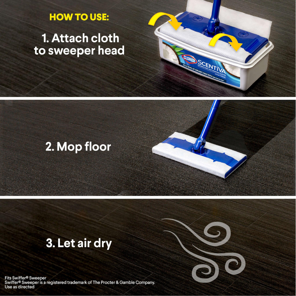 Clorox Scentiva Disinfecting Wet Mop Pad, Disposable Mop Heads, Coconut and Waterlily, 2 Packs, 24 Wet Refills Per Pack (Package May Vary)