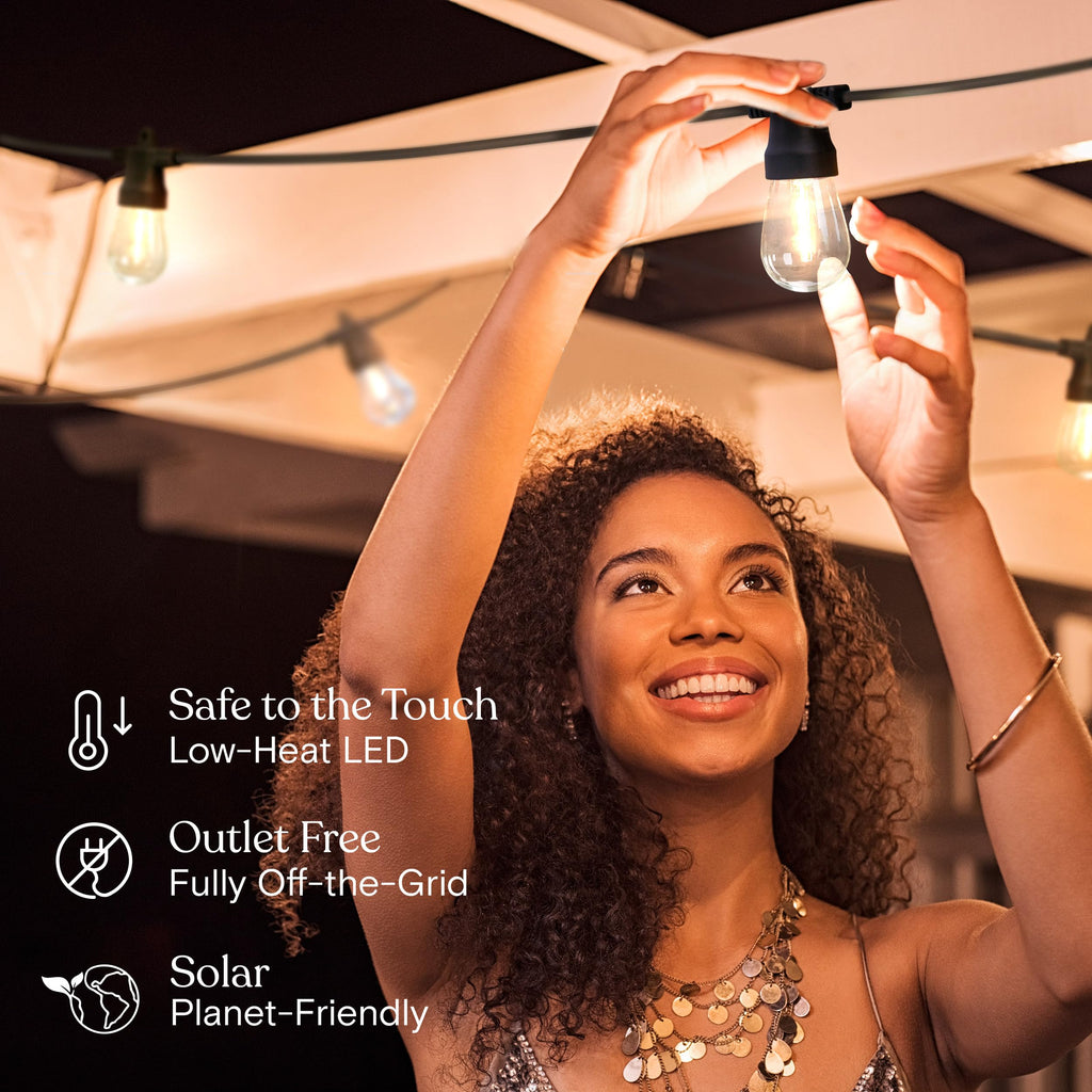 Brightech Ambience Hybrid Outdoor String Lights - Dual Plug and Solar Powered Waterproof LED Light String for Outside - Dimmable Soft White Edison Bulbs for Camping, Patio, Cafe, Yard - 48ft, 4W