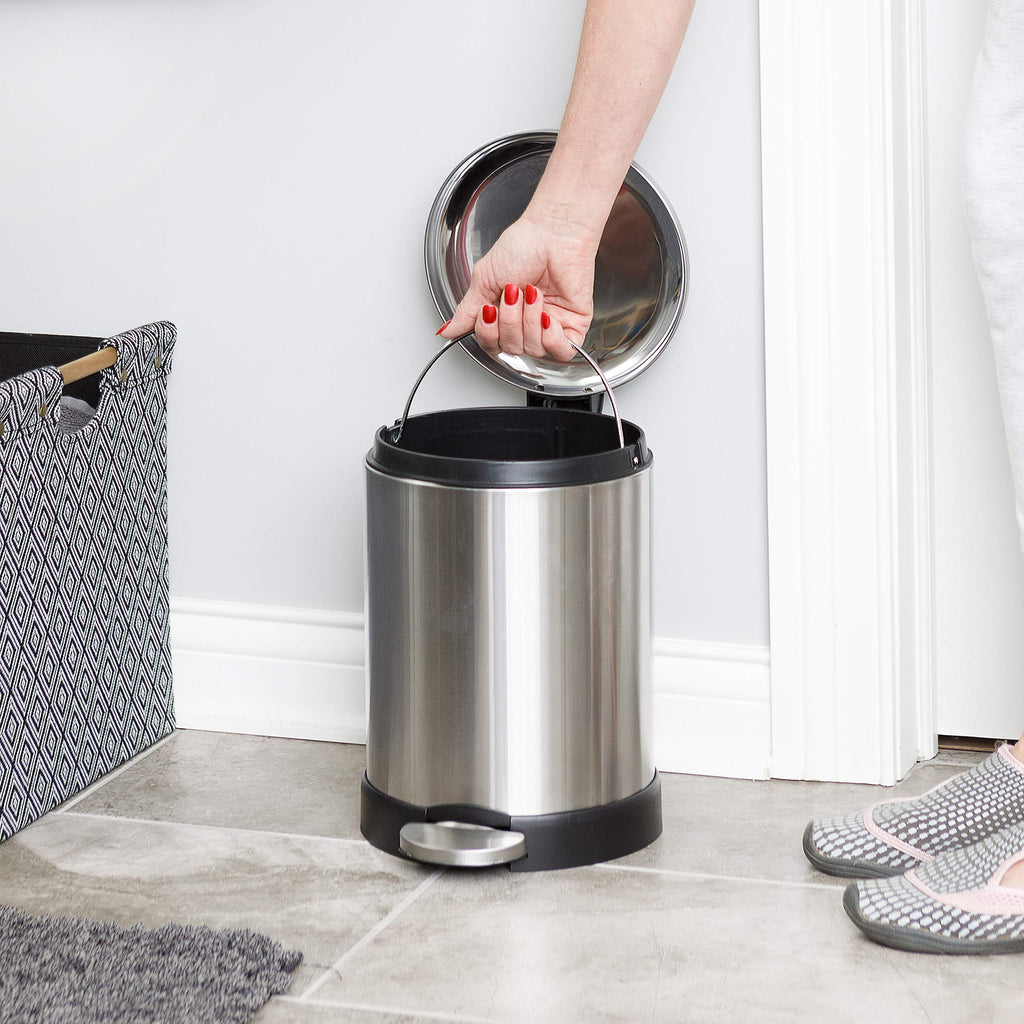 Glad Small Trash Can, 1.2 Gallon | Round Stainless Steel Garbage Bin with Soft Close Lid & Step Foot Pedal | Metal Waste Basket with Removable Inner Bucket, Stainless, 8 x 9.5 x 12 inches