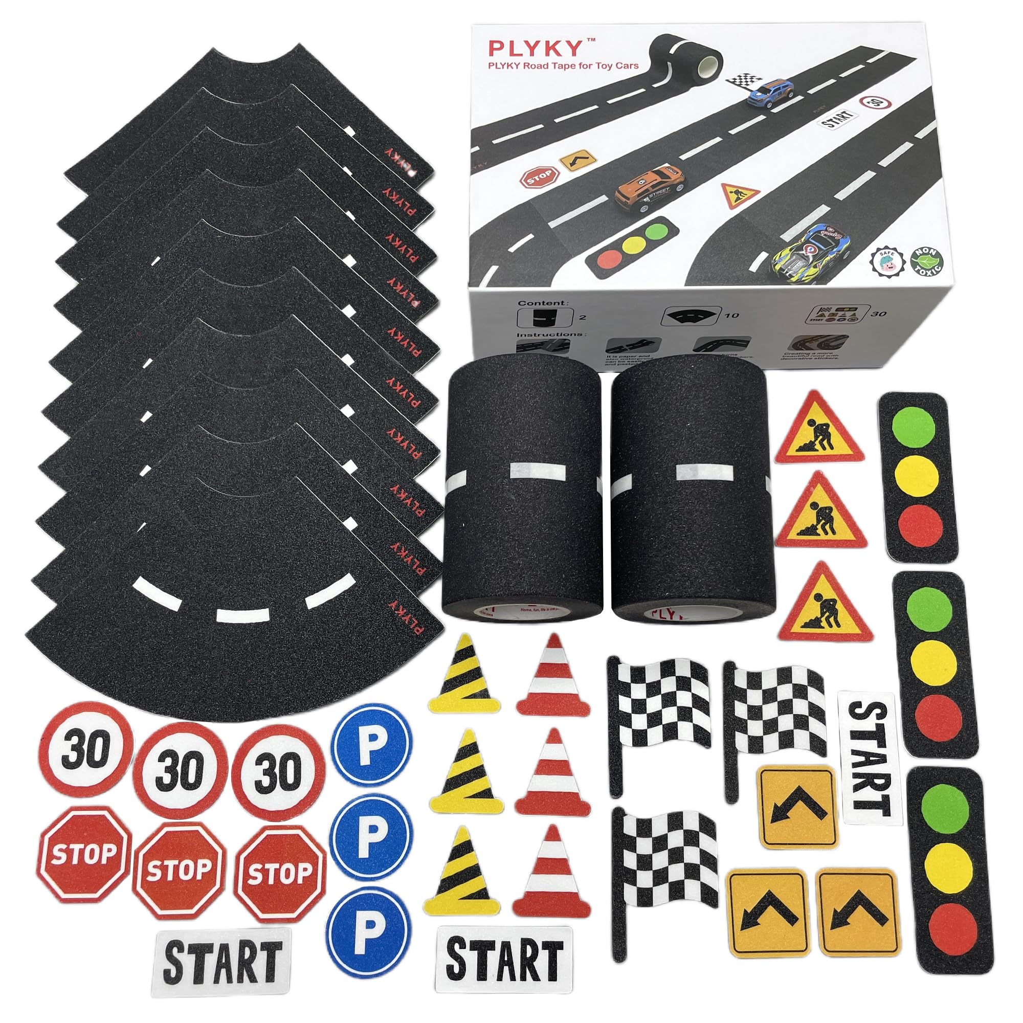 Deluxe Road Tape Play Set - 2x33ft Extended Track with Curves, 30 Traffic Sign Stickers & Durable Drawer Box - Versatile Car Track Tape for Kids, Creative Toy Car Track & Car Track Rug Alternative