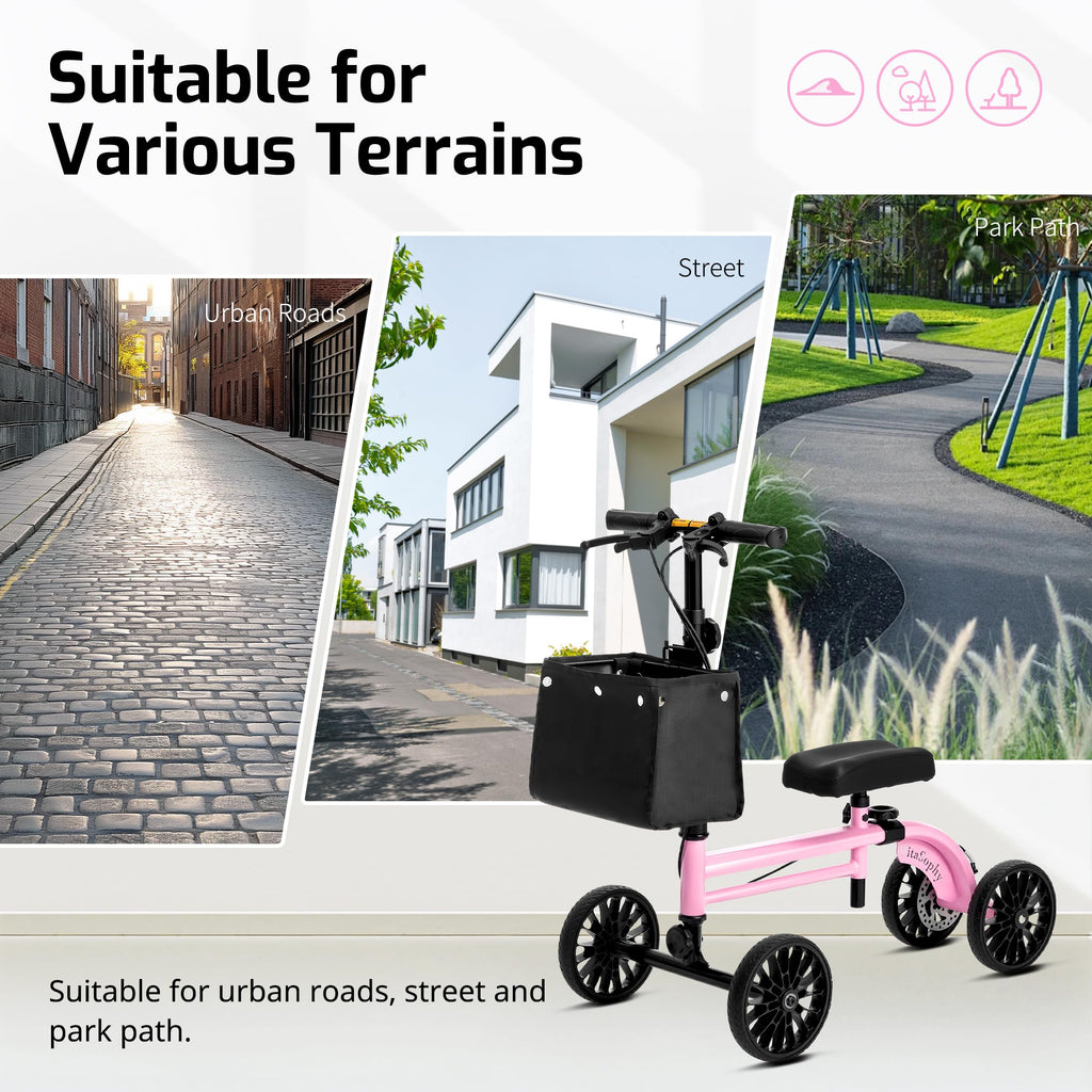 VitaSophy Knee Scooter with Disc Brake, Steerable Knee Walker for Adults,Foldable Rover Scooter for Broken Foot Injured Leg Crutch,Pink
