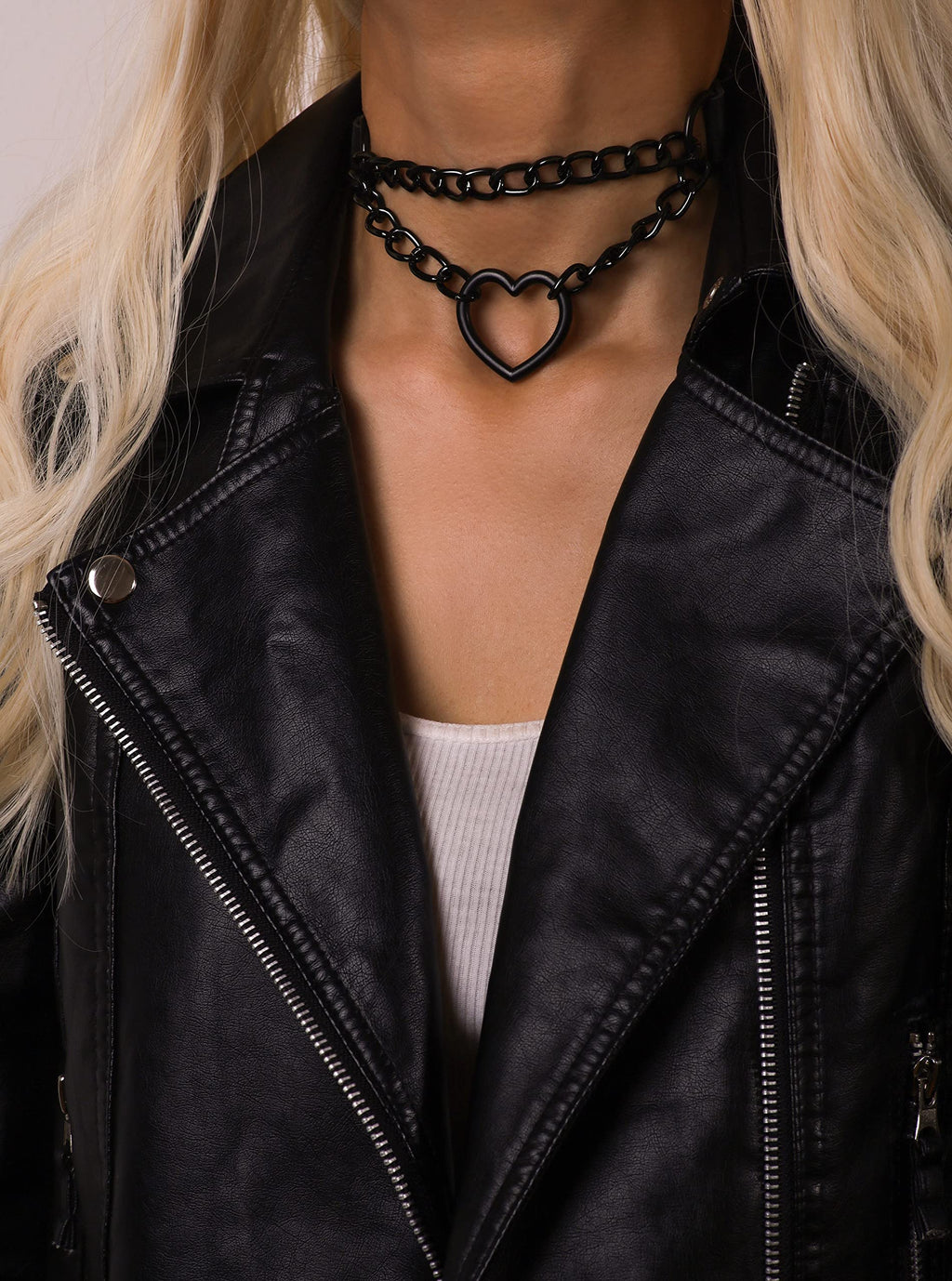 Black Heart Chain Leather Choker Necklace, Gothic Punk Grunge Emo Necklace