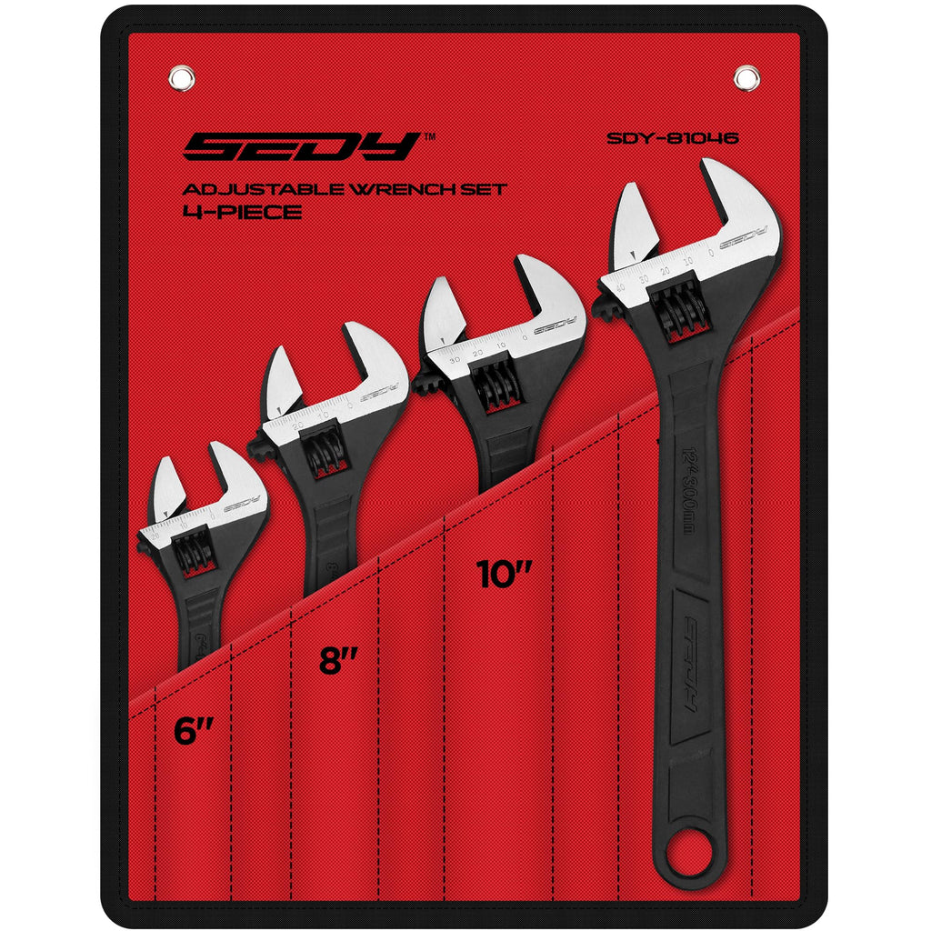 Adjustable Wrench Set Wrenches Sets: 4-Piece 6, 8, 10, 12 Inch Chrome Vanadium Steel Corrosion-Resistant Black Oxide Finish for Automotive Plumbing and Household Repairs