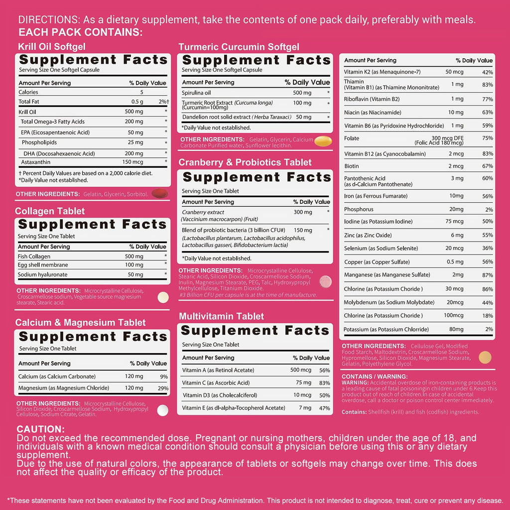 RevitaPlus Multivitamin for Women with Vitamin A,B,C,D3,E,K2,Biotin, Collagen,Krill Oil,Cranberries Supports Energy,Wellness,Beauty and Immune - Vitamin Packs for Women Health 30 Packs