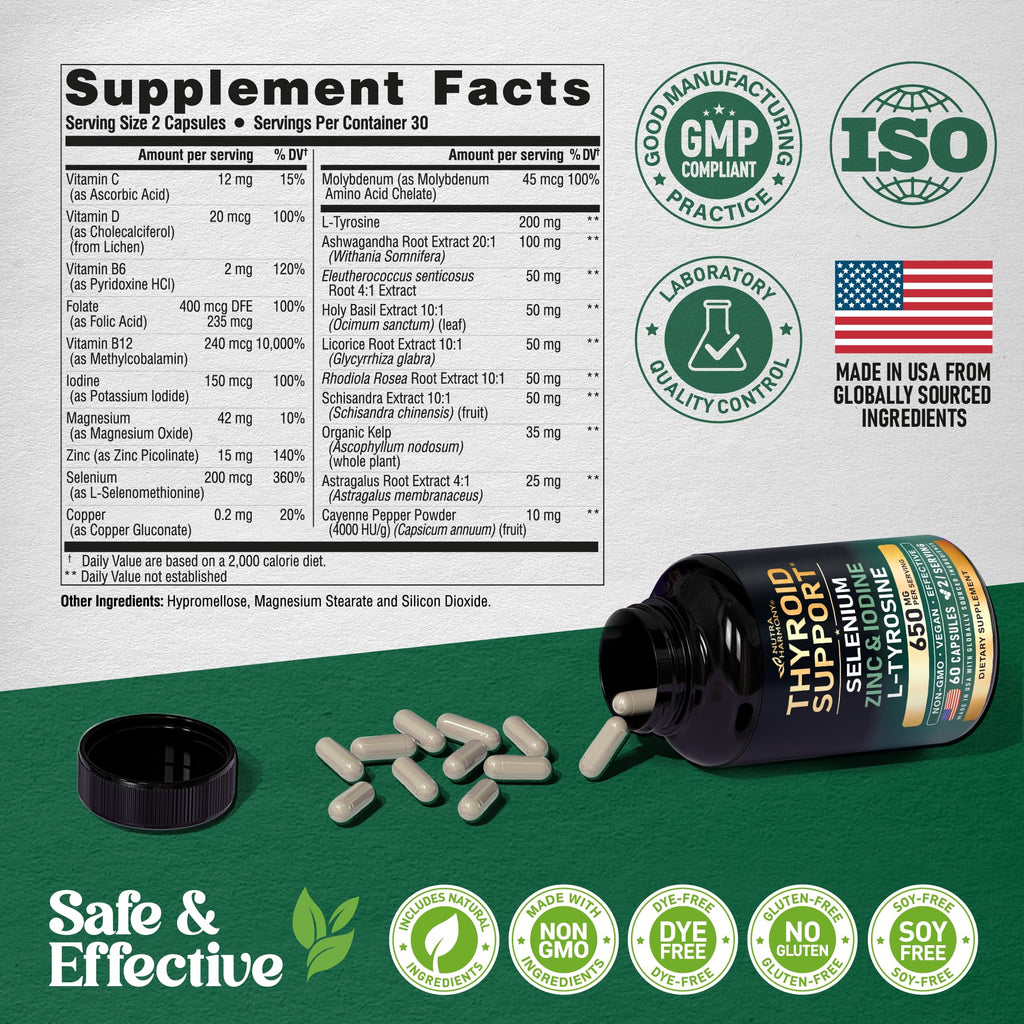 Thyroid Support for Women - Selenium 200 mcg | Astragalus | Zinc & Iodine | L-Tyrosine | Adaptogen Herbs - 21-in-1 Antioxidant & Immune Support - Made in USA - Vegan, Non-GMO, Lab Tested - 60 Capsules