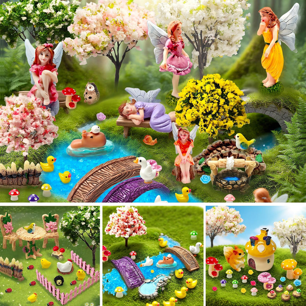 MTWENWENZY 114 Pcs Miniature Fairy Garden Accessories Kit Resin Elves Animal Figurines Decor Micro Landscape Ornaments for DIY Micro Dollhouse