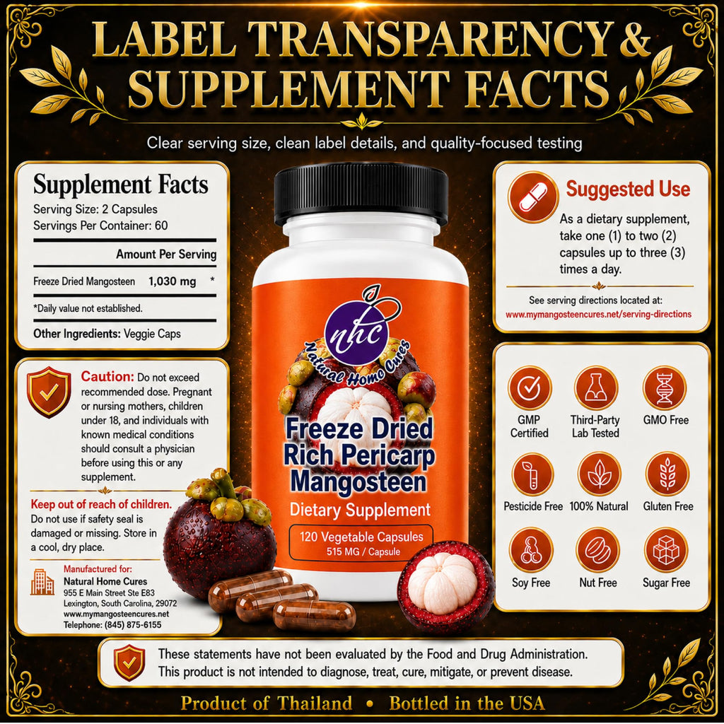 Natural Home Cures Mangosteen Supplement Capsules, Freeze-Dried Pericarp Whole Fruit Rind Powder, Garcinia Mangostana with Xanthones, 515 mg, 2 Bottles, 240 Vegan Capsules (2)
