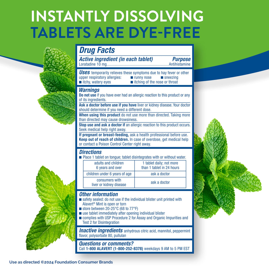 Alavert 24 Hour Allergy Relief Tablets, Non-Drowsy Antihistamine, Orally Disintegrating Allergy Tablets, Loratadine 10 mg, Fresh Mint Flavor, 60 Count