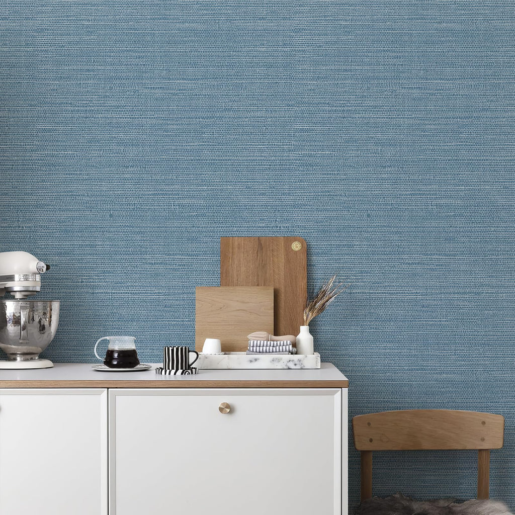 JiffDiff Grasscloth Wallpaper Peel and Stick 1181" x 17.3" Blue Cream Grassweave Stick on Wallpaper Textured Self Adhesive Wall Paper Contact Paper