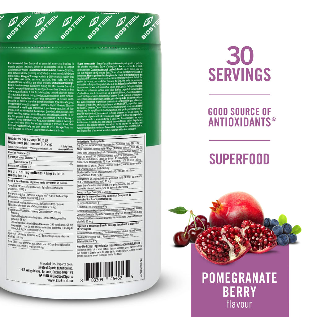 BIOSTEEL Sport Greens Powder, High Performance Superfood Supplement, Non-GMO Formula, Pomegranate Berry, 30 Servings