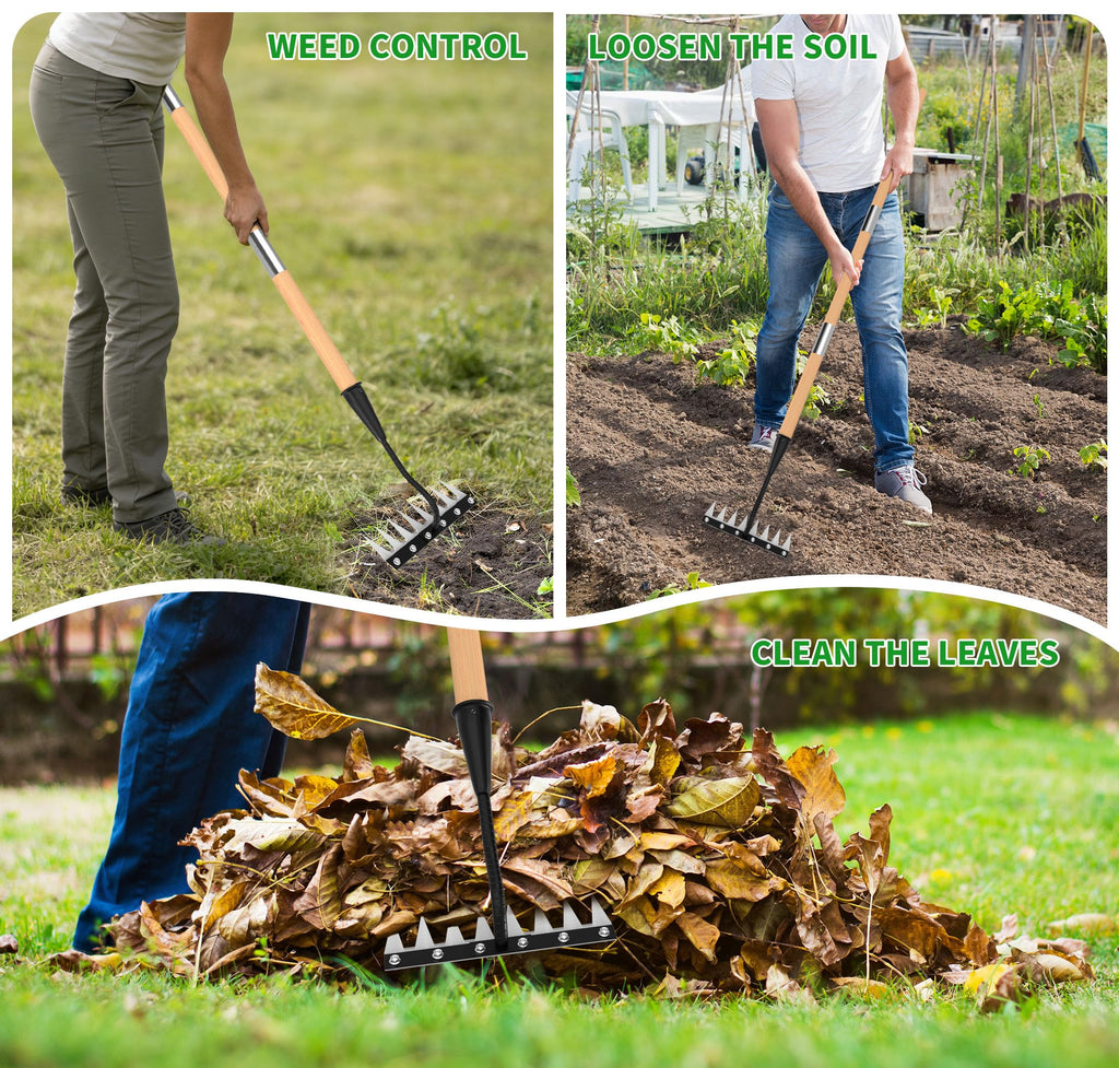 ATLRGISL Iron Weeding Rake with Wooden Long Handle 2.0, 8 Teeth Weed Puller Tool Heavy Duty, Manual Gardenia Weed Rake Tool for Yard, Lawn and Garden, 56Inch