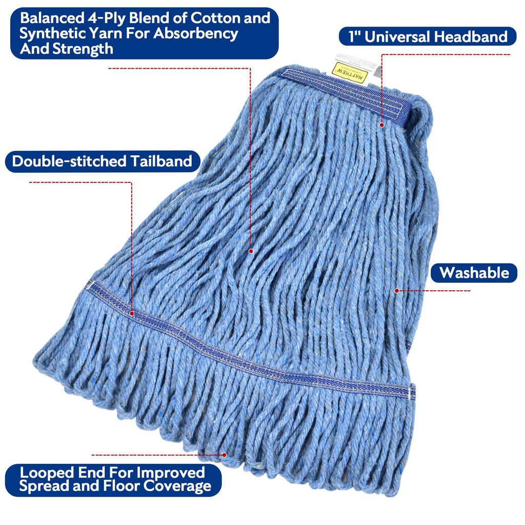 Matthew Cleaning Heavy Duty Mop Head Commercial Replacement for General and Floor Cleaning , Wet Industrial Blue Cotton Looped End String Head Refill (Pack of 3) Blue