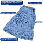 Matthew Cleaning Heavy Duty Mop Head Commercial Replacement for General and Floor Cleaning , Wet Industrial Blue Cotton Looped End String Head Refill (Pack of 3) Blue