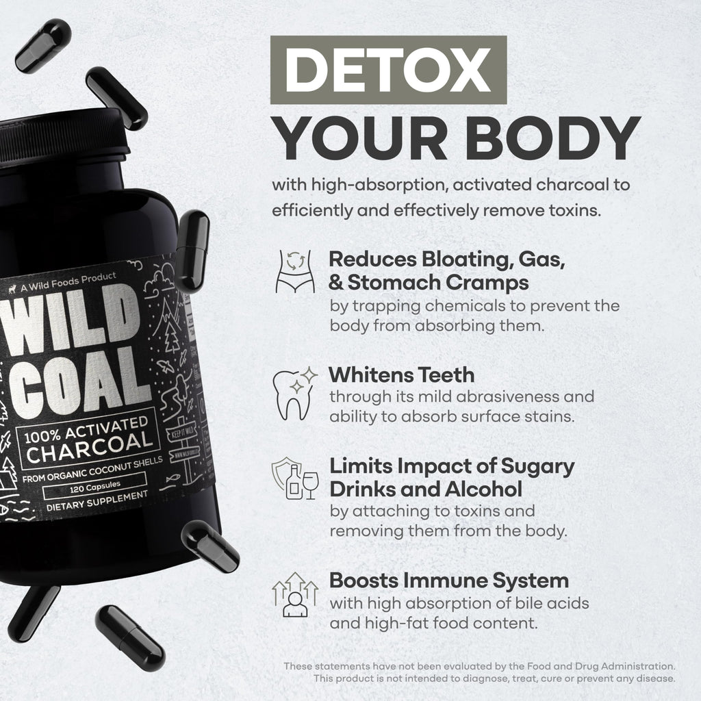Wild Foods Activated Charcoal Capsules | 100% Organic Coconut Shells Active Tablets for Bloating Relief | Lab Tested & Non-GMO Detox Pills | USA (Two Bottles - 120 Capsules)