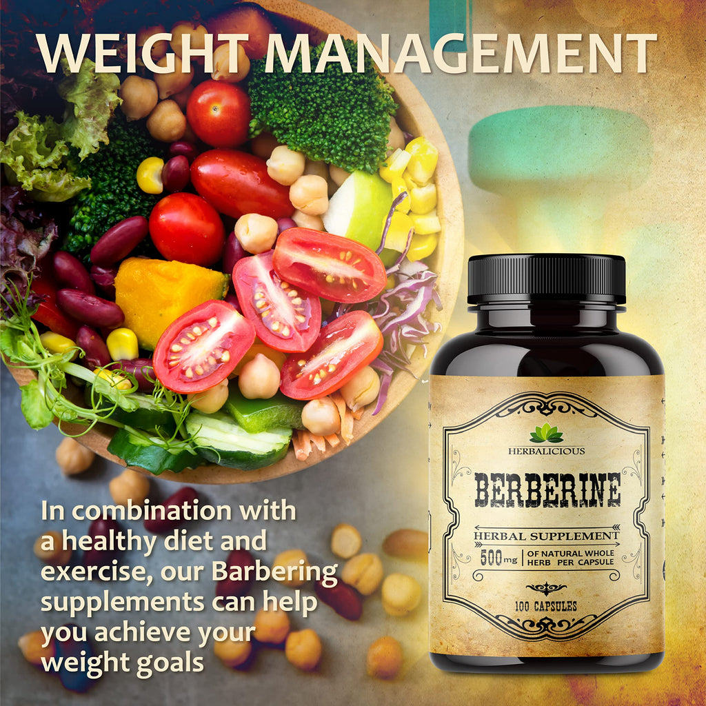HERBALICIOUS Berberine Supplement – 100 Capsules Berberine HCL Dietary Supplement for Men and Women – Non GMO Berberine 500mg – Ideal for Immune Support, Heart, Cholesterol Levels