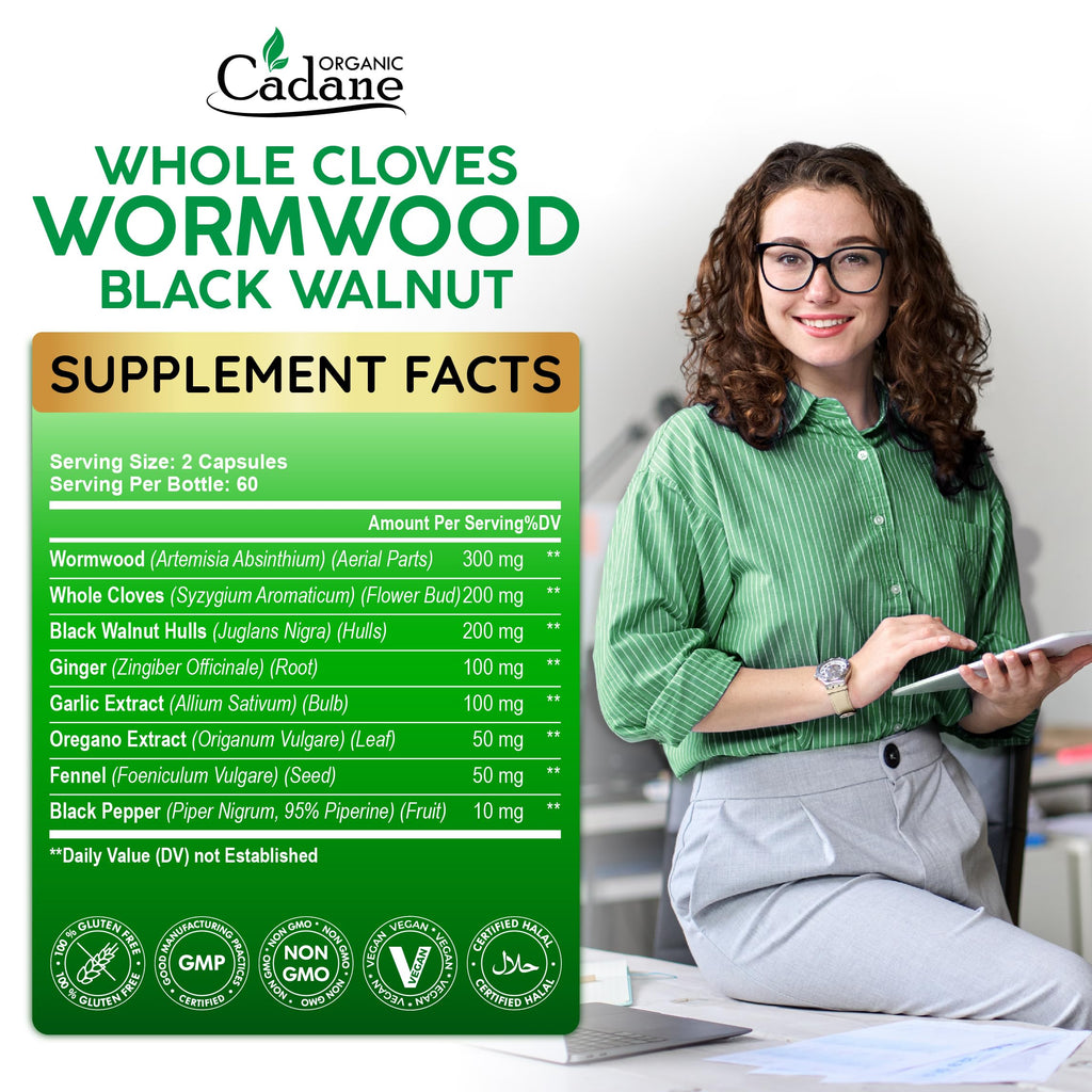 Cadane Wormwood Whole Cloves Black Walnut with Ginger, Garlic, Oregano, Fennel & Black Pepper | Digestive & Wellness Support | 120 Capsules – 60-Day