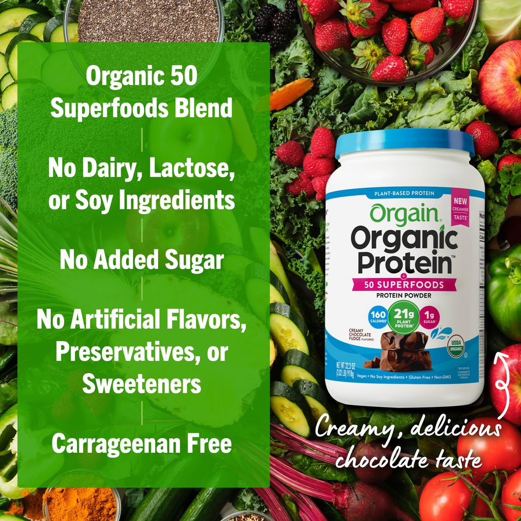 Orgain Organic Vegan Protein + 50 Superfoods Powder, Creamy Chocolate Fudge - 21g Plant Based Protein, 9g Prebiotic Fiber, No Lactose, Gluten Free, No Added Sugar, 2.02 lb (Packaging May Vary)