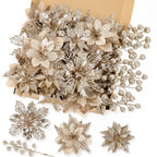 N&T NIETING 24 Pcs Christmas Poinsettia Artificial Flowers & Glitter Berries Stems Kit Christmas Floral Picks Christmas Tree Garland Wreath Filler Ornaments for Home Party Xmas Decor, Champagne Gold