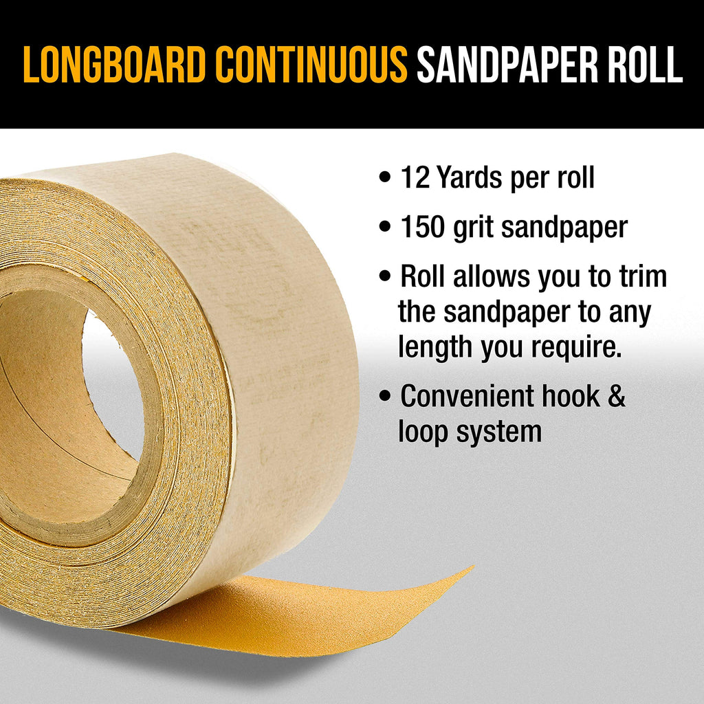 Dura-Gold Premium - 150 Grit Gold -Hook & Loop Backing Longboard Continuous Sandpaper Roll, 2-3/4" Wide, 12 Yards Long - For Automotive & Woodworking Air File Long Board Sanders, Hand Sanding Blocks