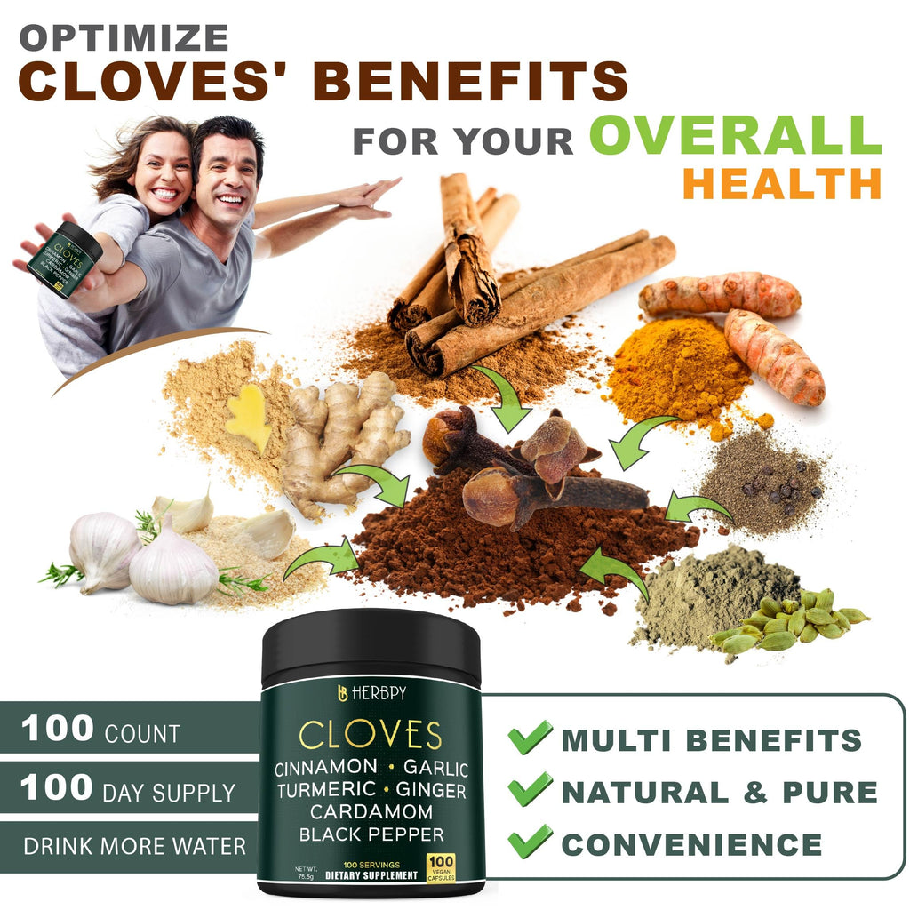 Herbpy 7in1 Clove Supplement Rich in Vitamins & Minerals Supports Digestion, Immune & Heart Health with Cinnamon, Turmeric, Ginger, Cardamom, Garlic & Black Pepper - 100 Vegan Capsules