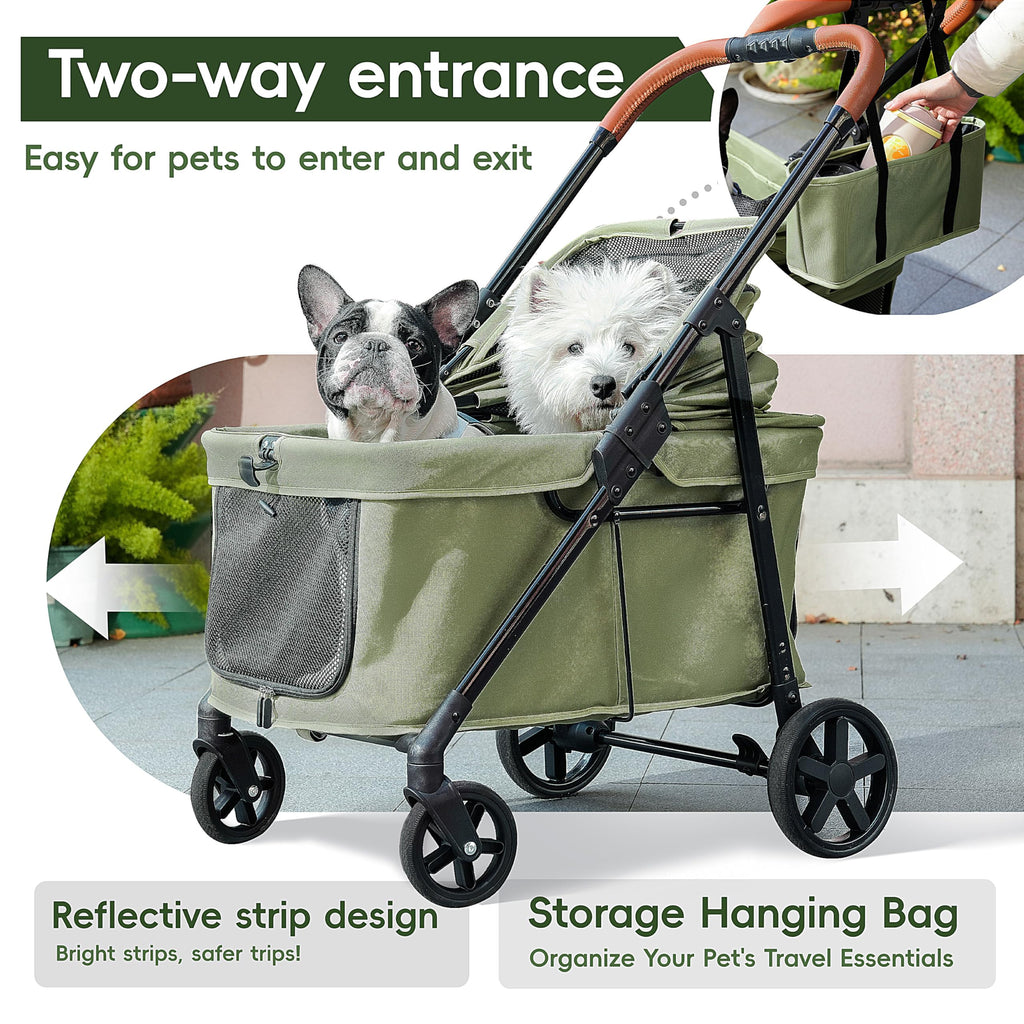 JOYCOW Dog Stroller for 2 Small Dogs or 1 Medium Pet, Low-Entry Design with Anti-Jump-Out, 600D Oxford Fabric, Up to 70 lbs, Green