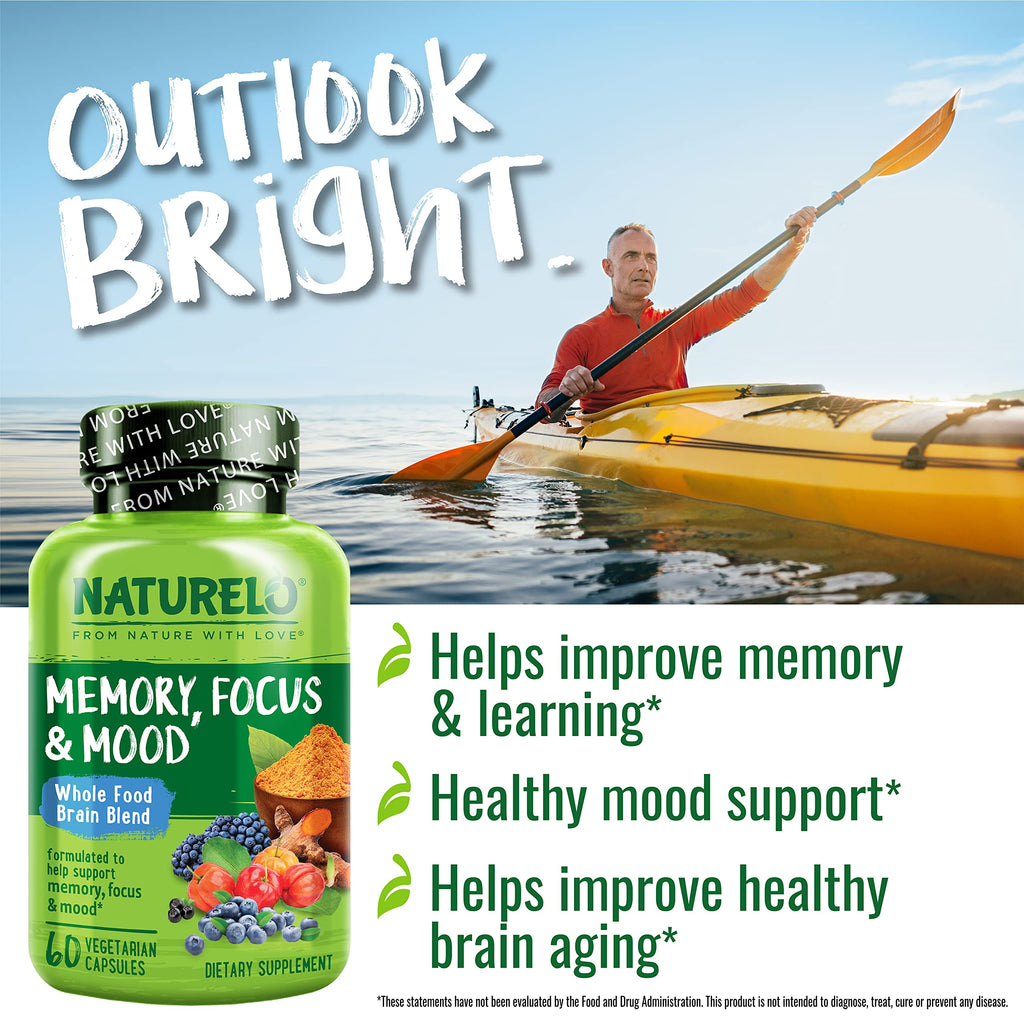 NATURELO Whole Food Brain Supplement - Brain Health Supplements for Memory & Focus Support - Enhance Brain Health Blend Supplement for Adults - 60 Vegetarian Capsules