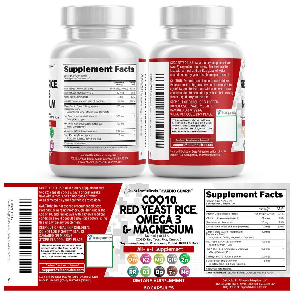 Clean Nutraceuticals COQ10 200mg Red Yeast Rice Omega 3 Magnesium Complex 500mg Niacin Zinc Vitamin K2 D3 - Heart Support Vitamins for Women & Men w/Vitamin B3, Coenzyme Q10-60 Ct