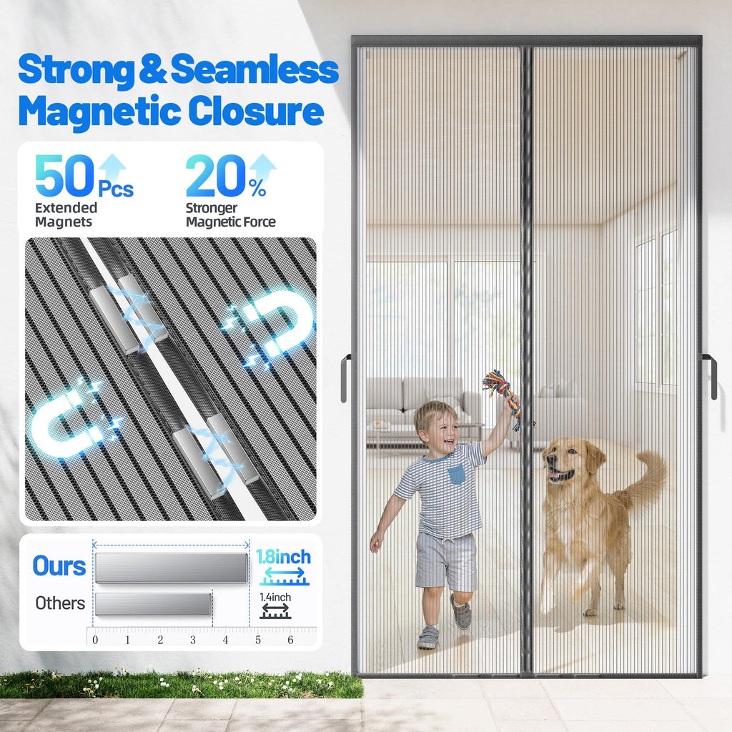 Heavy Duty Magnetic Screen Door Mesh - Auto-Sealing Hand-Free Door Net Screen with 50 Magnets, Pet & Kid Friendly, PET Fine Mesh Doors Screens Keep Bugs & Mosquitos Out Fits Front Doors Size 32” x 80”