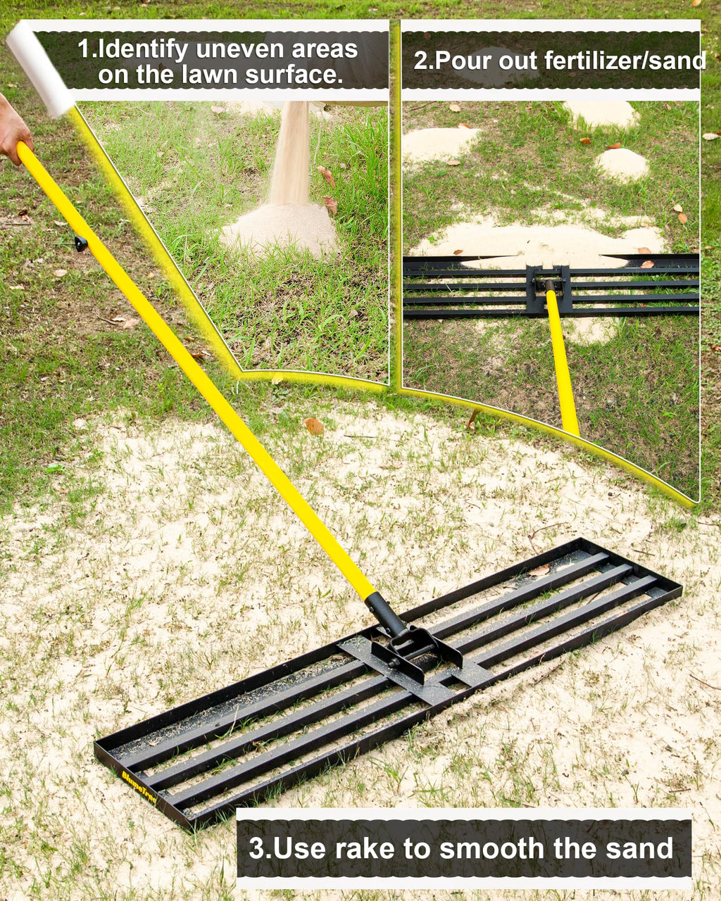 BlumeTrec Lawn Leveling Rake, 30"x10" Heavy Duty Sand Leveling Tool with 7FT Long Handle, Steel Golf Rake for Soil, Compost, Gravel, Lawn Leveler for Yard, Garden, Golf Course, Landscaping Level Tool