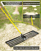 BlumeTrec Lawn Leveling Rake, 30"x10" Heavy Duty Sand Leveling Tool with 7FT Long Handle, Steel Golf Rake for Soil, Compost, Gravel, Lawn Leveler for Yard, Garden, Golf Course, Landscaping Level Tool