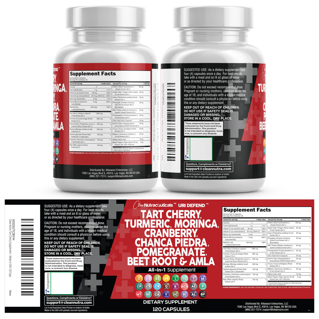 Clean Nutraceuticals Tart Cherry Extract Capsules with Turmeric Moringa Cranberry Chanca Piedra Celery Quercetin ACV Pomegranate L Selenomethionine - Uric Levels - 120 Ct