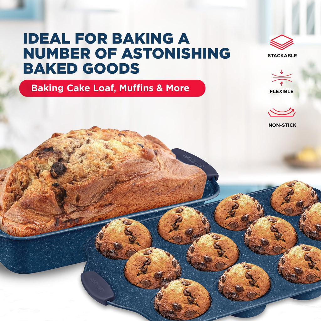BAKKEN Kitchen Baking Pan Set - Nonstick Coating, Carbon Steel Bakeware Sets with Blue Silicone Handles, Baking Kitchen Essentials, PFOA, PFOS, PTFE Free, Oven Safe Tray (Up To 450° F), Set of 6