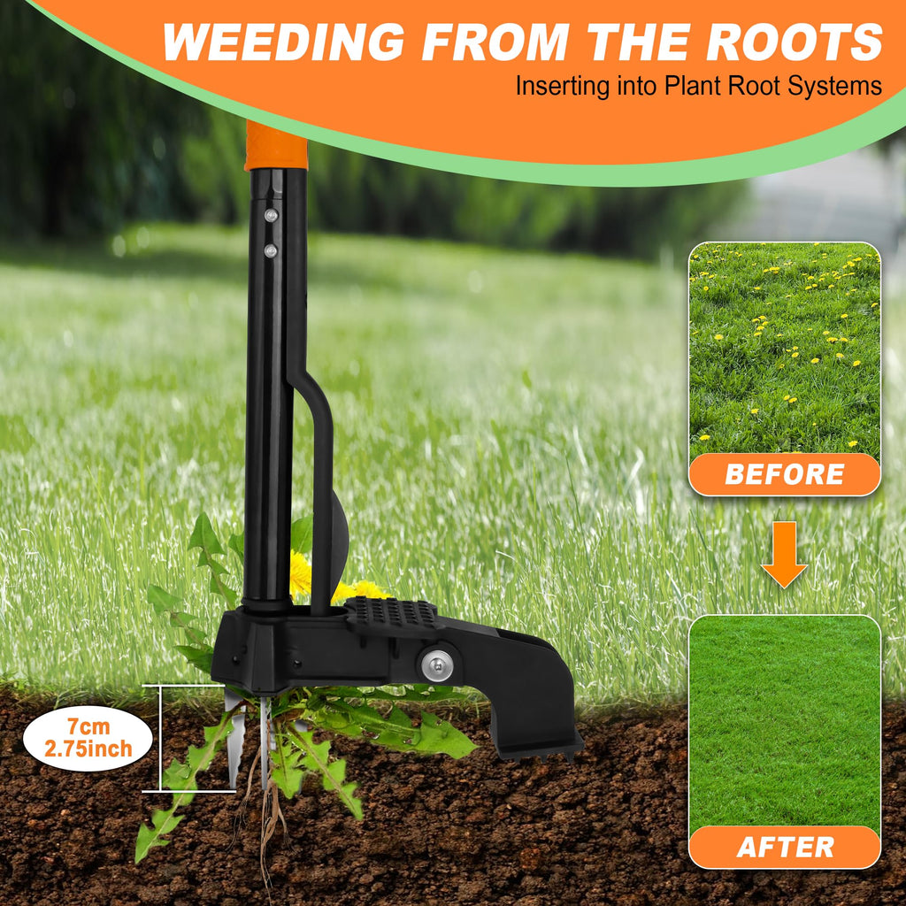Weed Puller Tool,4-Claw Heavy Duty Gardening Stand-Up Weeder Puller,Ergonomic Long Handle,3 High-Strength Stainless Steel Claws for Lawn Garden,Crabgrass,Dandelion,Thistle (Include gloves)