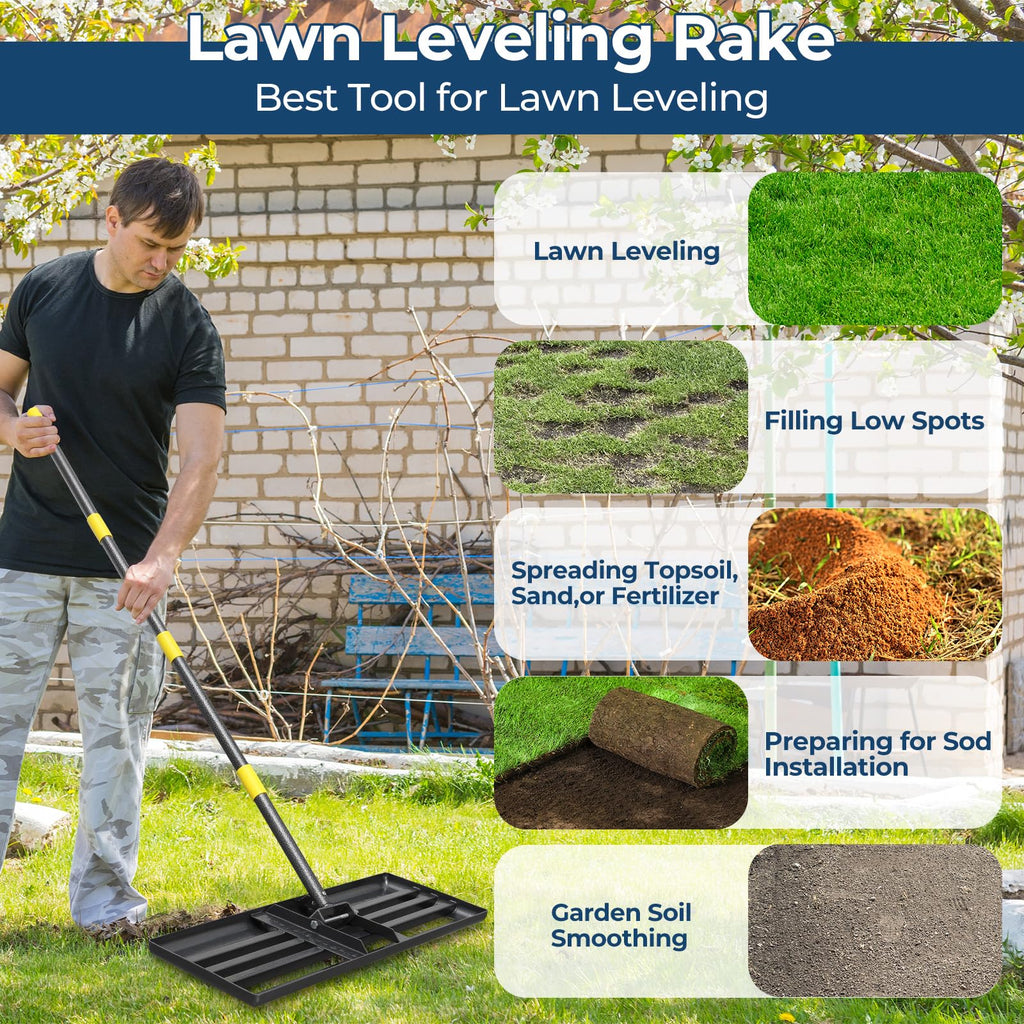 Lawn Leveling Rake 30"x10" for Lawn Care - 72" Extendable Stainless Steel Handle with Ergonomic Grip | Professional Grass Leveling Tool for Golf Courses, Soccer Fields, Backyard Turf Maintenance