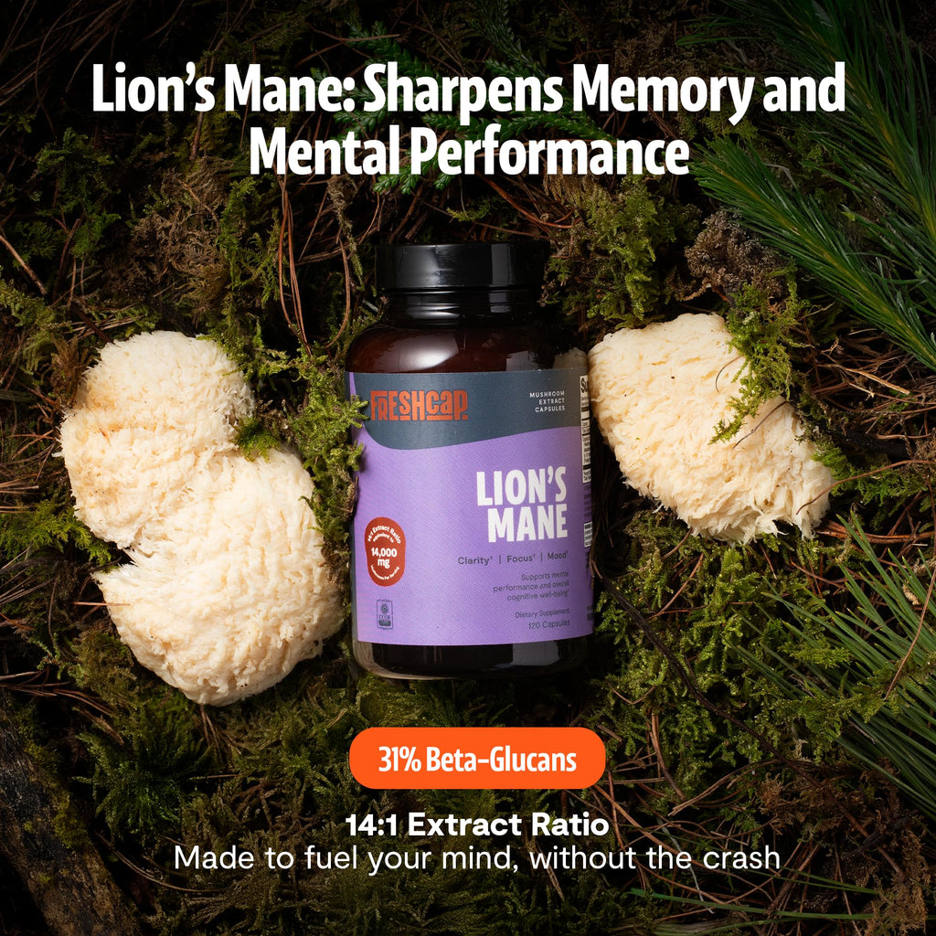 FreshCap Mushrooms Lions Mane Supplement Capsules 14,000mg - Lion's Mane, High Potency Extract, 14:1 Organic Mushroom Supplement, Ayurveda Focus Made in USA (120 Capsules)