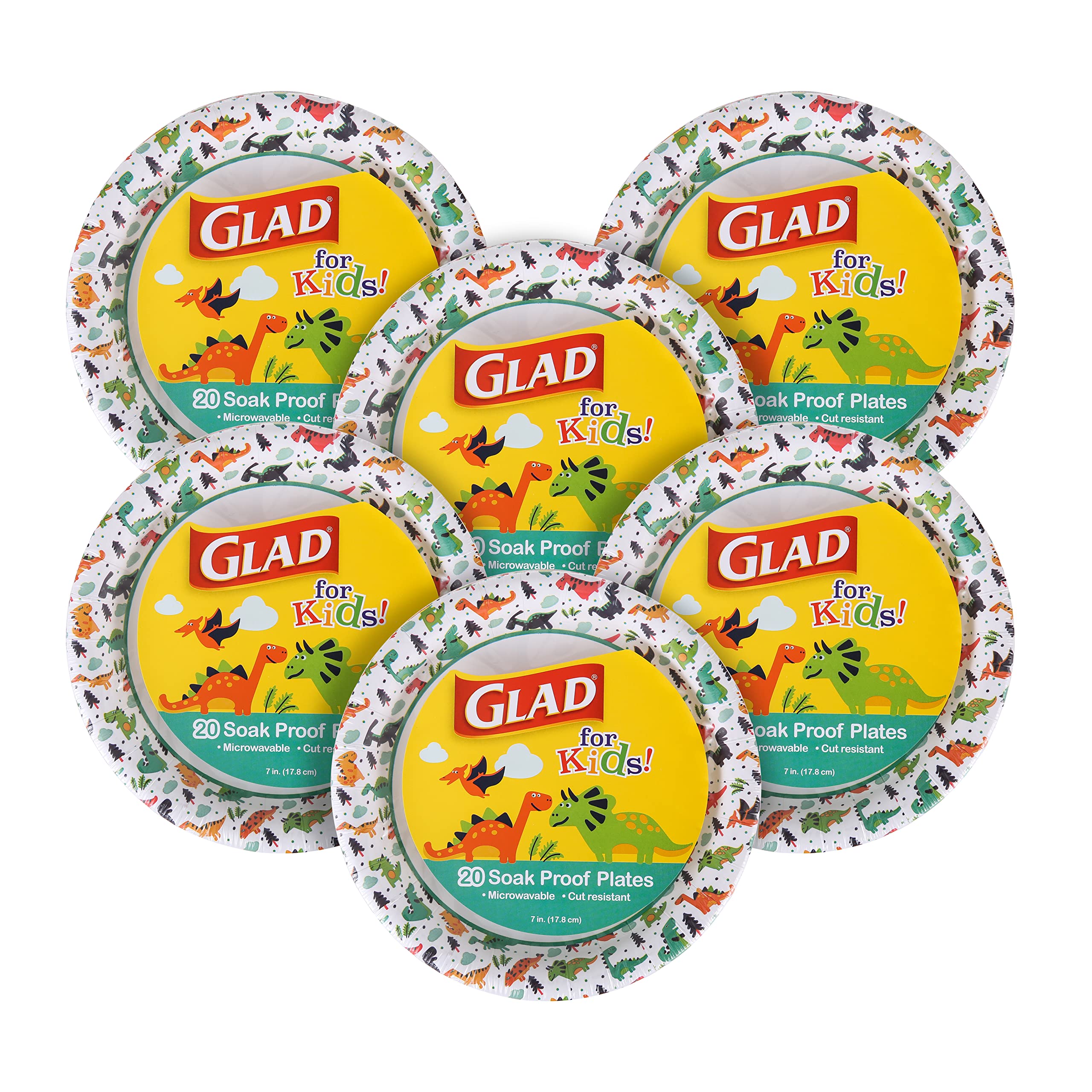 Glad for Kids Dinosaur Disposable Paper Plates Heavy Duty Soak Proof Microwave Safe Kids Plates for Snacks Meals and Parties Fun Dino Design Party Pack 7 Inch 20 Count 6 Pack Bulk Party Value