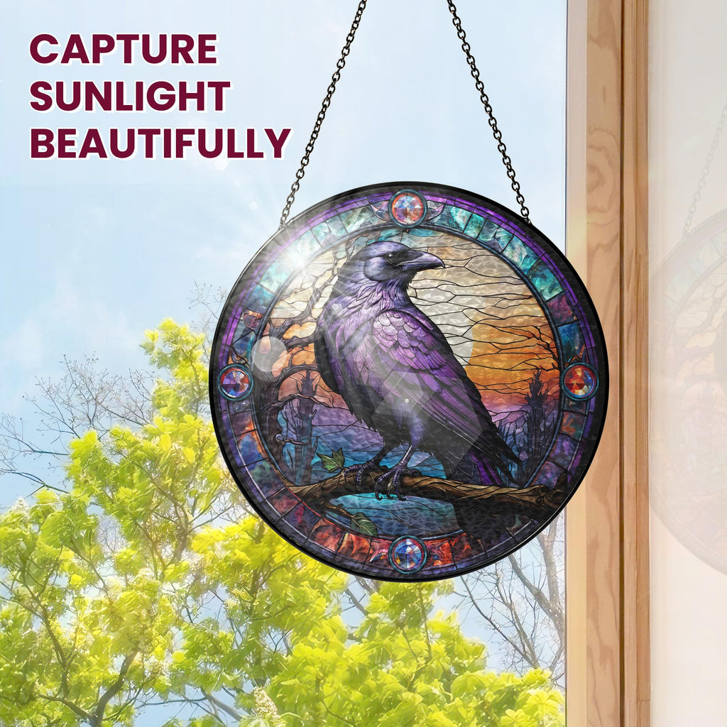 FLAGWIX Raven Crow Gothic Stained Glass Suncatcher, 8 in
