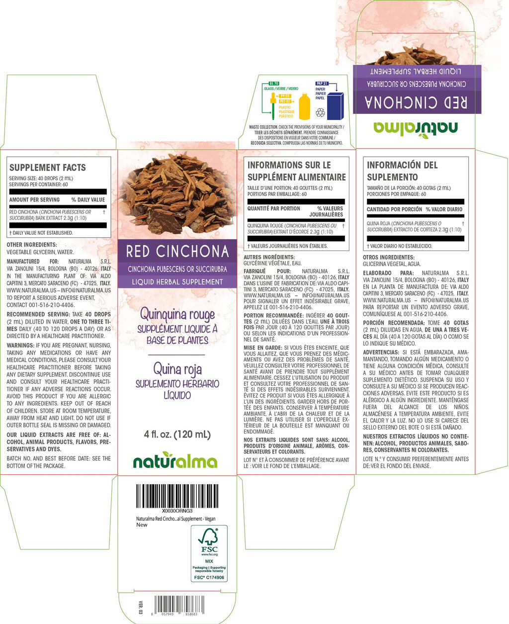 Naturalma Red Cinchona or Quinine (Cinchona pubescens or succirubra) bark Alcohol-Free Tincture - 4 fl oz Liquid Extract in Drops - Herbal Supplement - Vegan