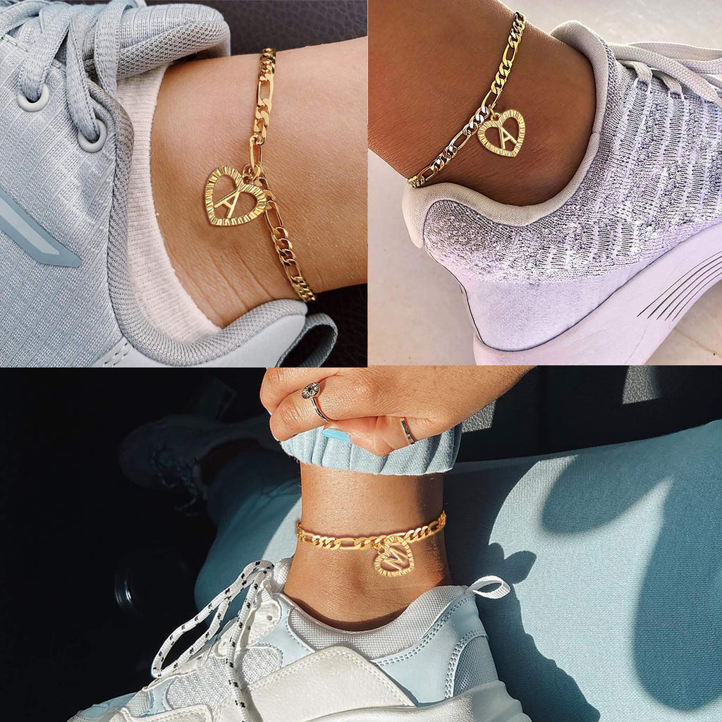 YANODA Gold Initial Pendant Necklace Anklet Bracelet for Women 14K Gold Plated Figaro Chain Letter Initial Heart Necklace Anklets Alphabet Foot Jewelry Personalized Jewelry for Women S